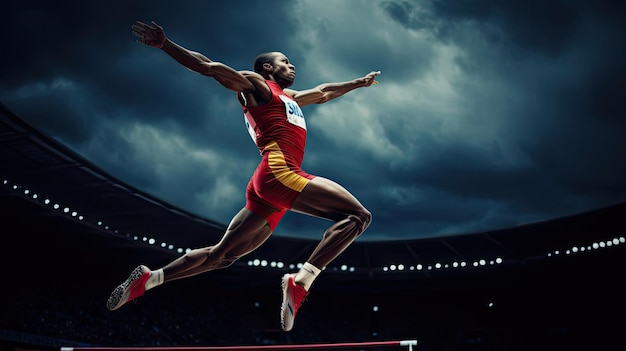 Photo high jumper clearing bar dramatically impressive form vibrant field