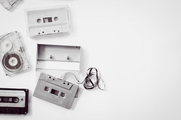 High-key lighting of black and white vintage tape cassette recorder. retro technology