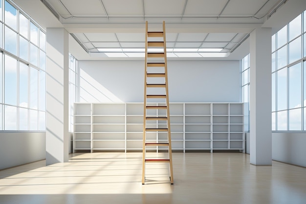 High ladder standing in center of empty office