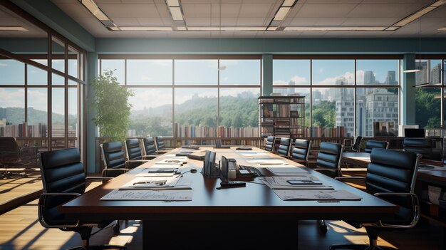 Photo high level meeting of excutive room is decorated with stylish table and chairs around conference ro