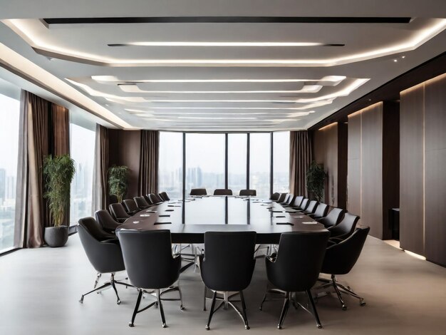 High level meeting of excutive room is decorated with stylish table and chairs around Conference