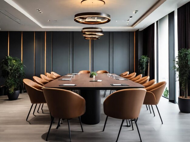 High level meeting of excutive room is decorated with stylish table and chairs around Conference