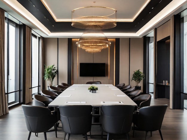 High level meeting of excutive room is decorated with stylish table and chairs around Conference