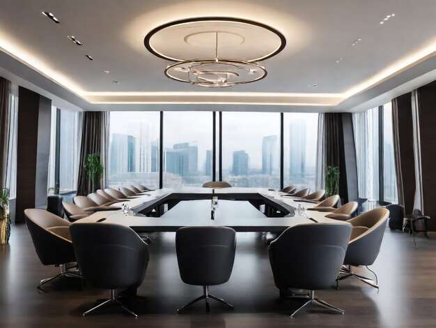 High level meeting of excutive room is decorated with stylish table and chairs around Conference