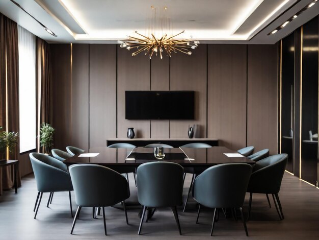 High level meeting of excutive room is decorated with stylish table and chairs around Conference