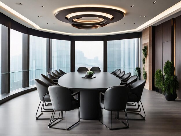 High level meeting of excutive room is decorated with stylish table and chairs around Conference