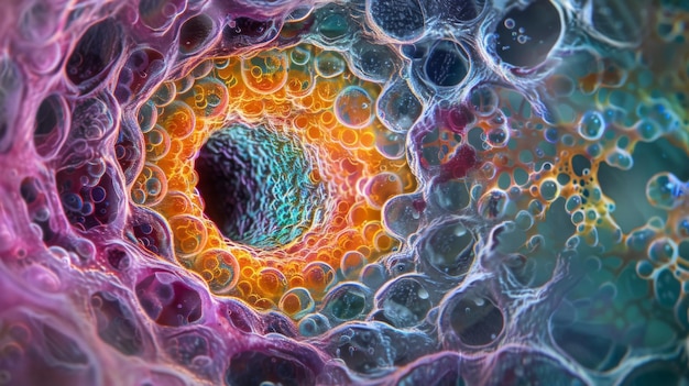 A high magnification image of a fertilized egg cell showing the fusion of the and egg nuclei in the