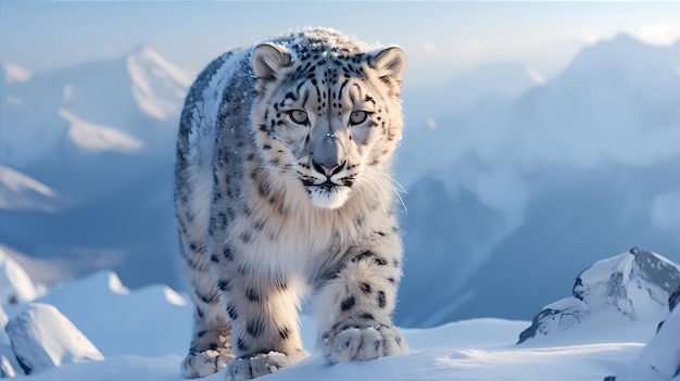 A 4K ultra HD mobile wallpaper depicting a graceful and elusive Snow  Leopard, with its thick fur and piercing blue eyes, perched on a rocky  ledge against the backdrop of a snow-capped