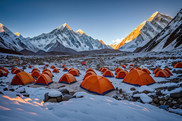 High mountain camping with tents in the Himalayas intermediate camp before climbing Generative AI