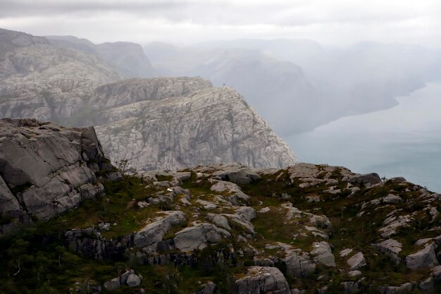 High mountain landscape in hazy weather at Scandinavia