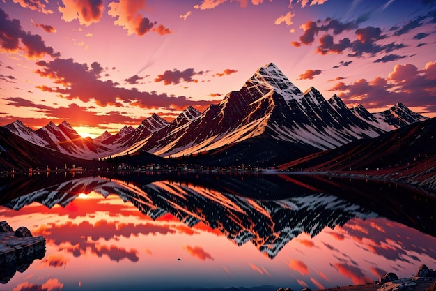 Photo a high mountain and looking over a lake during sunset