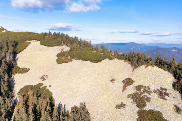 High mountain peak with coniferous forests on slopes and deforested area under white fluffy clouds floating on blue sky on sunny day