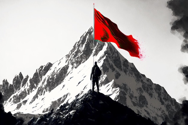 High mountain peak with red flag and person achieving business goals