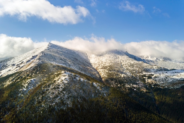 High mountain peaks covered with autumn spruce forest and high snowy summits.