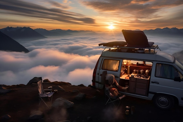 High Mountain Sunrise Steamy Van Coffee Generative By Ai