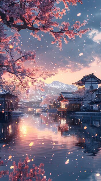 High mountains and lakes towering pagodas pink cherry blossom trees