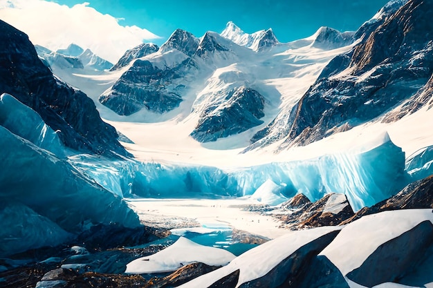 빙하가 있는 높은 산들 눈으로 덮인 산꼭대기 산 풍경