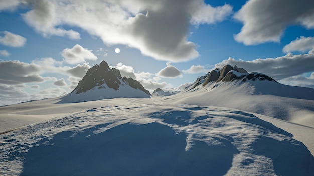 Высокие горы и снежинки 3d-рендеринга