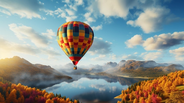 Высоко над многоцветным воздушным шаром летает фотография природы, сгенерированная искусственным интеллектом