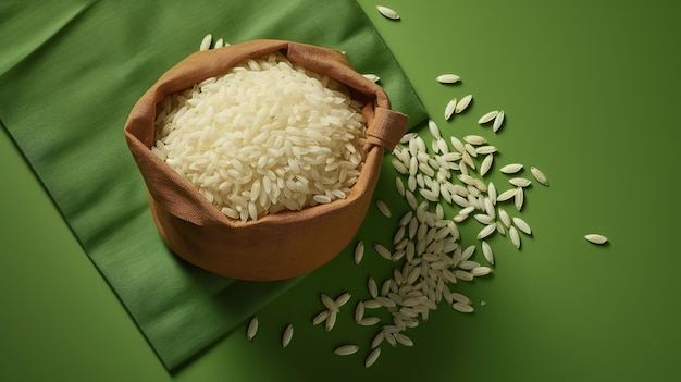 Высоконациональный географический вид риса в открытом белом мешке на зеленом генеративном ИИ под высоким углом