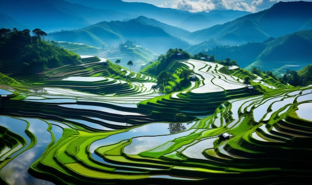 High panoramic view of beautiful green rice paddy fields in asia stunning travel background