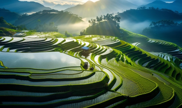 High panoramic view of beautiful green rice paddy fields in asia stunning travel background