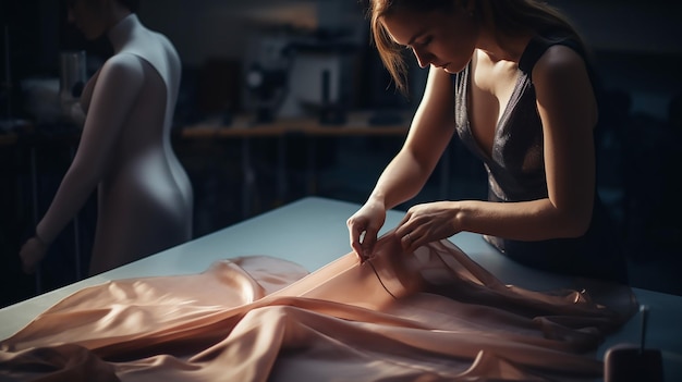 high performance fabric being placed on a mannequin in a fashion studio workshop