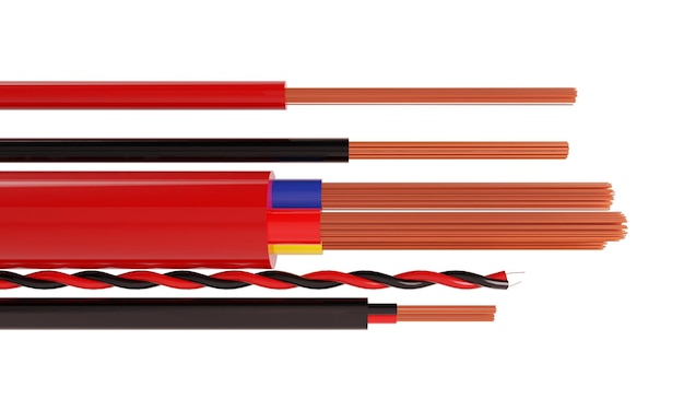 High power cable 3d render colorful realistic red blue white and yellow electricity cables