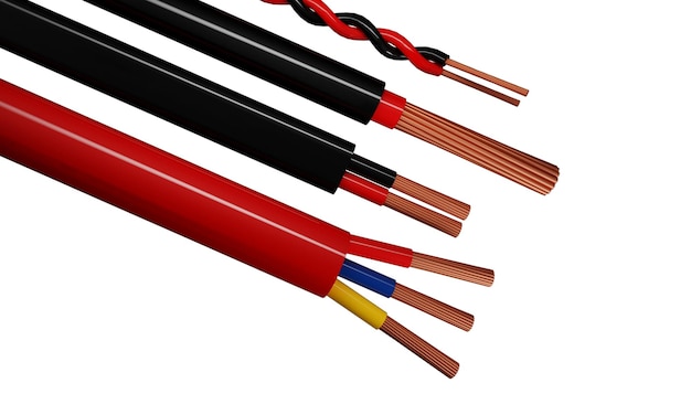 High power cable 3d render colorful realistic red blue white and yellow electricity cables