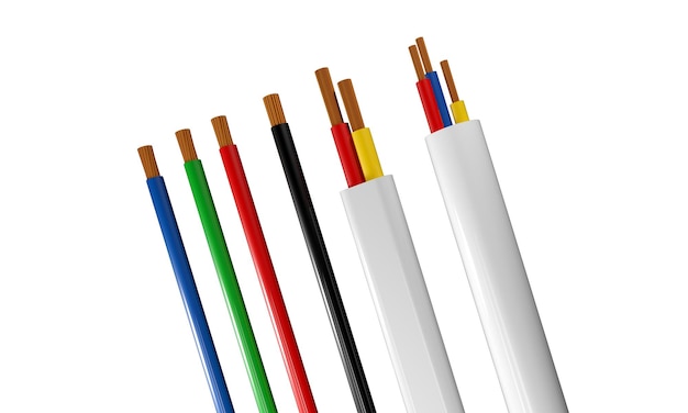 High power cable 3d render colorful realistic red blue white and yellow electricity cables