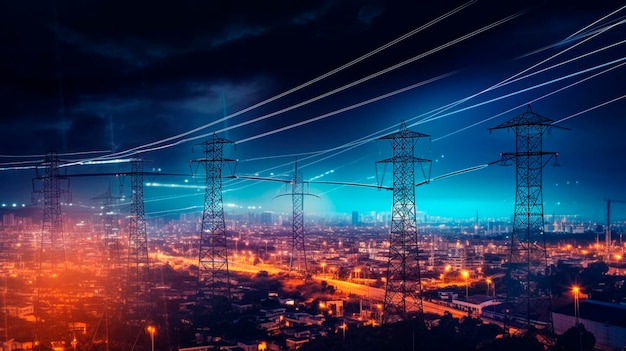 High power electricity poles in urban area connected to smart grid Energy supply distribution of energy transmitting energy energy transmission high voltage supply concept photo Generative AI