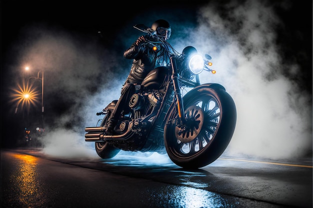 Фото Мощный мотоцикл ночью цифровая иллюстрация живопись произведение искусства