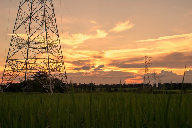 Photo high-power pylon with sunset