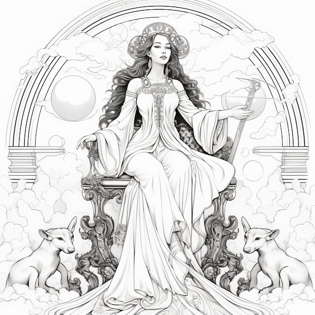 Photo the high priestess a delightful children's coloring book page with simple black white line illust