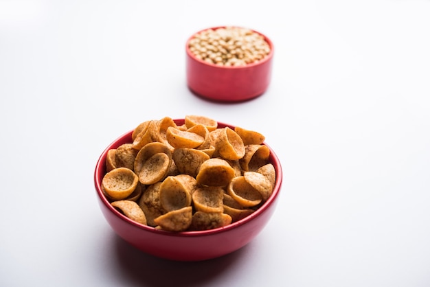 High Protein Soya Katori snacks from India, served in a bowl with raw soybean, selective focus