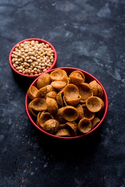 High Protein Soya Katori snacks from India, served in a bowl with raw soybean, selective focus