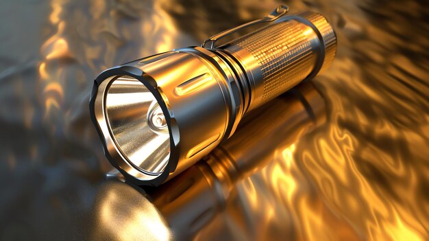 Photo high quality 3d rendering of a metal flashlight the flashlight is turned on and is emitting a bright beam of light