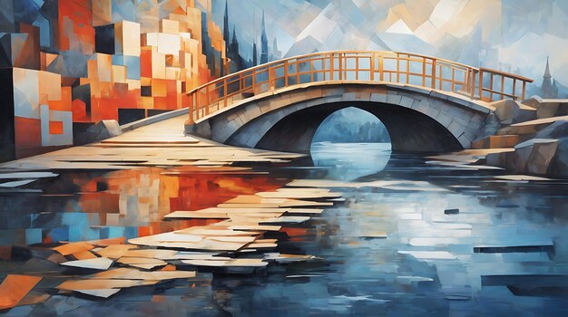 high quality 8K Ultra HD highly detailed Abstraction Oil Sketch bridge made of light Cubism Brush Pa