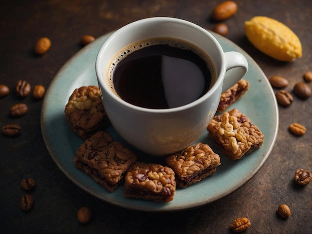 high quality 8k ultra realistic image of a cup of coffee with yummy snacks