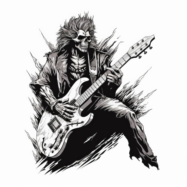일렉트릭 기타 Il을 연주하는 고품질 흑백 스켈레톤