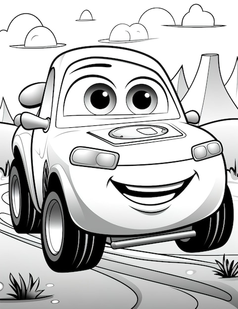 Photo high quality cartoon car coloring page for kids to paint