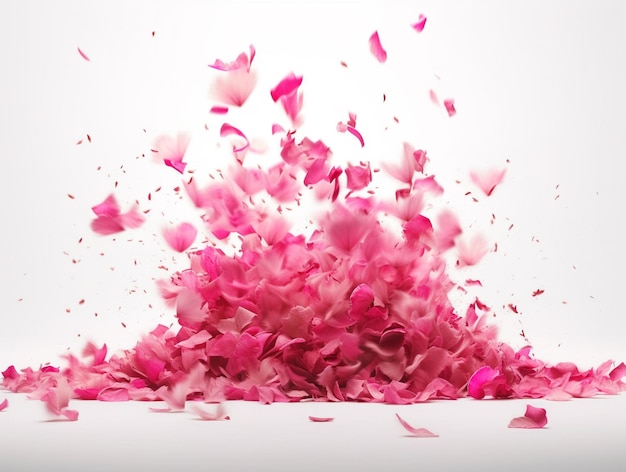 Foto alta qualità e vista dall'alto chiara e nitida manipolazione dell'esplosione di petali di fiori rosa isolata su bianco
