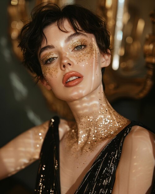 Photo high quality creative photoshoot of a model in glitter makeup fashion photoshoot