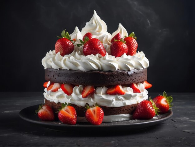 Photo high quality detailed cake with whipped cream and strawberries