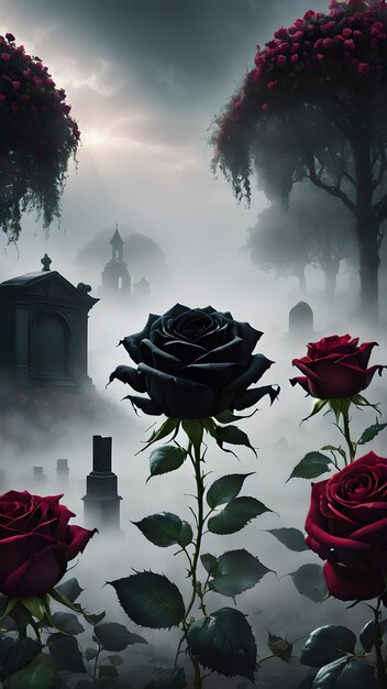 안개가 가득한 묘지에 둘러싸인 검은 장미의 꽃줄이 그려진 고품질의 디지털 일러스트레이션입니다.