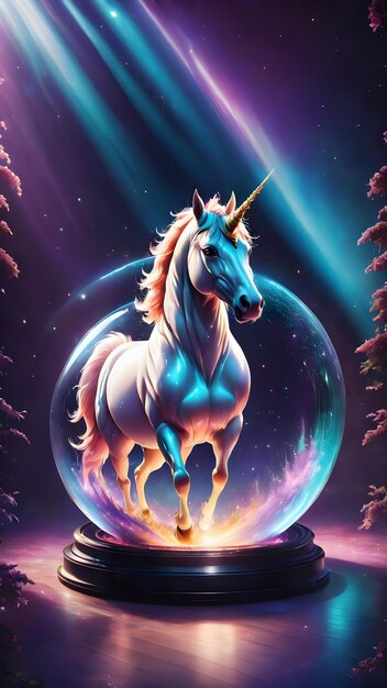 A high quality digital illustration of a majestic unicorn encased within a mystical magical ball