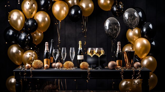 High quality gold and black balloons with champagne