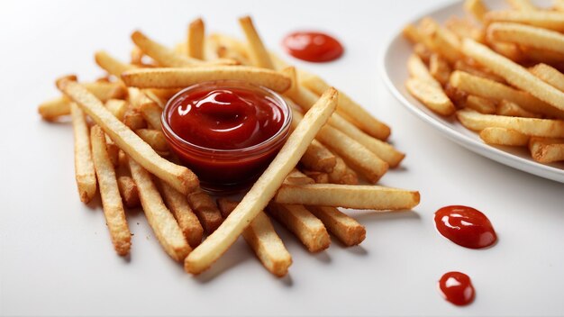 High quality image of crispy french fries with one red ketchup on a clean background