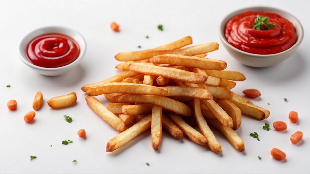 High quality image of crispy french fries with one red ketchup on a clean background