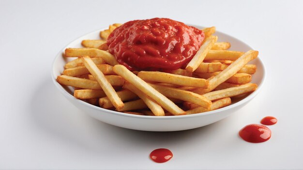 Foto immagine di alta qualità di patatine fritte croccanti con un ketchup rosso su uno sfondo pulito